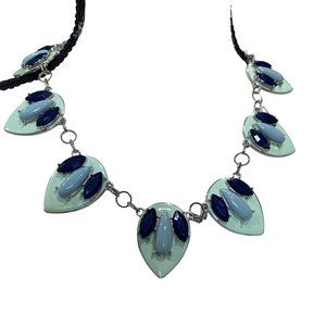 New York & Company Green Acrylic Oval Statement Necklace Silver Tone Chainlink